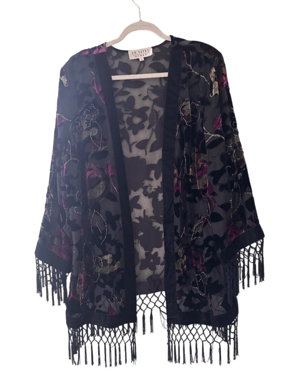Vintage J.R. Nites Black Sheer Velvet Embroidered Open Front Kimono Fringe Trim